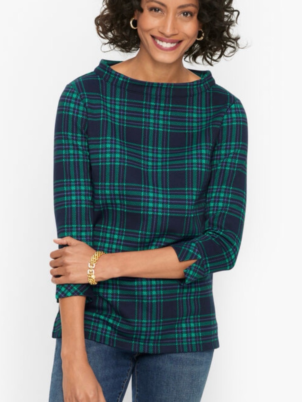 Talbots Funnel Neck Plaid Top size Small